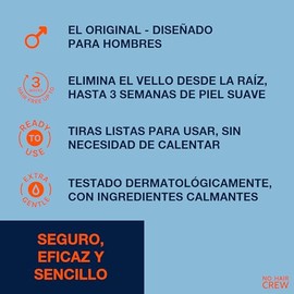 NO HAIR CREW - Bandas de Cera Depilatorias Masculinas Premium – 20 Tiras Y 4 Toallitas Calmantes - Alto Rendimiento - Hechas Para Hombres – Hasta 3 semanas libre de vello