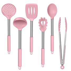 LIANYU Silicone Kitchen Utensils Set of 6, Cooking Utensils Spatula Set for Nonstick Cookware, Heat Resistant Kitchen Gadgets Tools, Stainless Steel Handle, Pink