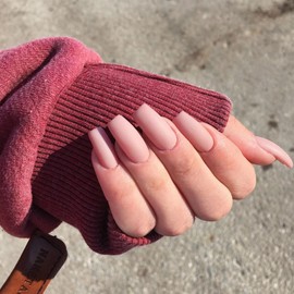 Matte Chalk Pink Press on Nails Medium Long Square,KQueenest Pure Solid Colors Coffin Nails Press on Acrylic Fake Nails Natural Thick Glue on Nails,DIY Salon Manicure Nail Art Design Gifts for Girls