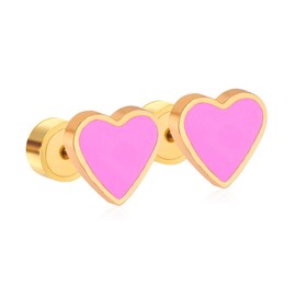 Enamel Heart Love Screw Back Small Stud Earrings for Women Girls Men Minimalist Stainless Steel Heart Shaped Cartilage Tragus Piercing Sleeper Studs Hypoallergenic Jewelry (Gold Pink)