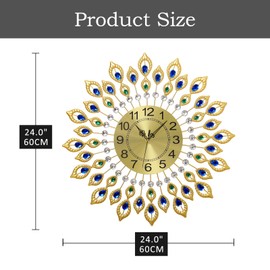JUGV 24.0 Inch Gold Large Wall Clocks for Living Room Decor,Elegant 3D Modern Wall Clock with Dial Arabic Numberals Non-Ticking Silent Big Wall Clocks,Diamond Round Home Decoration Kitchen Clocks
