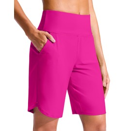 G Gradual Women's 9" Long Swim Board Shorts High Waisted Quick Dry Beach Swimming Shorts for Women with Pockets Liner(Rosy,XL)