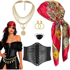 6 Piezas Disfraz de Pirata Mujer, Disfraz Pirata Mujer para Fiestas de Halloween y Cosplay, Accesorios de Tema Pirata con Diseño Detallado, Hecho de Aleación de Aluminio y Poliéster