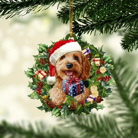Talataca Goldendoodle Wearing A Christmas Hat Wreath Groodle Dog Lover Christmas Tree Ornament Topper Decoration Homemade Mica Door Balls Vintage Large Unique Xmas Eve Set Decor