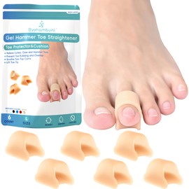 Byehambuni Hammer Toe Straightener - 6 Pack Gel Toe Splints - Hammer Toe Corrector for Women and Men - Toe Straighteners for Curled Toes - Elevate Toe-Tip, Soothes Top Corn - Beige, Large Size