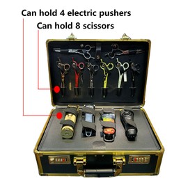 BJTDLLX Professional Barber Carrying Case, Portable Stylist Tool Box Numlock System, Salon Hair Cutting Grooming Kit Storage Organizer for Clippers Trimmers Scissors Barber Supplies -Gold