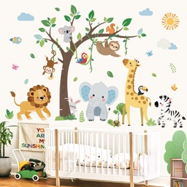 decalmile Jungle Animals Tree Wall Decals Safari Baby Animals Giraffe Elephant Lion Monkey Wall Stickers Living Room Baby Nursery Kids Room Wall Decor