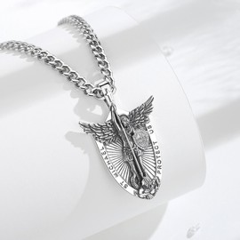 INFUSEU St Michael Pendant for Men the Archangel Saint Michael Necklace Big Large Cross Shield Arch Angel San Miguel Arcangel Sterling Silver Protection Gift Christian Catholic Religious Jewelry