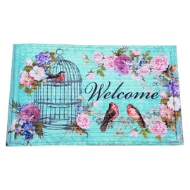 Welcome Doormat Spring Flowers, Birds and Birdcage Print Outdoor Mat 18 x 30 inches