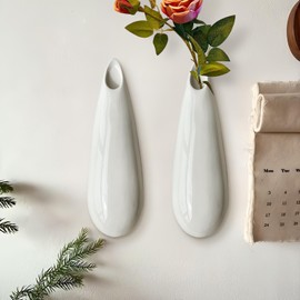 2 Pack White Ceramic Wall Vases,11.8 Inch Wall Hanging Plant Holder,Cubicle Modern Decor Wall Plant Holder Vase for Indoor Plants,Hanging Flower Pots for Air Vases,Propagation Wall Hanging