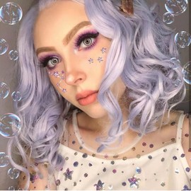 Angle Lucky Purple Bob Wavy Wig for Women Short Bob Lavender Purple Lace Front Wig Synthetic Light Color Side Part Wig Heat Resistant Fiber Pre Plucked Soft Wigs Cosplay Party Makeup