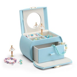 Vlando Ballerina Music Jewelry Box Organizer, Leather Necklaces Rings Hair-Rings Storage Case Holder, Gift for Kids Girls, Blue