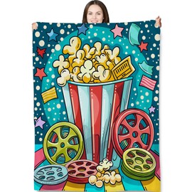 Turamurra Cinema Night Blanket Gifts for Women Colorful Popcorn and Film Reels Movie Flannel Throw Blankets for Bedding Couch Soft Lightweight Warm Cozy Throws Decor 50x60in