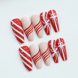 Christmas Press on Nails Extra Long Red Snowflake Fake Nails Full Cover Coffin False Nails White Red Stripe Exquisite Design Christmas Nails with Nail Glue for Women 24Pcs