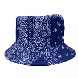 Style BUCKET HAT CAP BLUE PAISLEY WHITE PRINT SUMMER STYLE REVERSIBLE FOLDABLE UNISEX