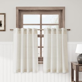 Nanspring Linen Cafe Curtains 30 Inch Length Privacy Light Filtering Semi Sheer Front Door Small Window Curtains Back Tab Pocket Pleated Short Curtains for Bathroom Kitchen Basement RV 26x30 Cream