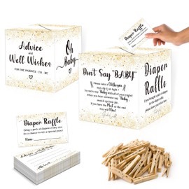 Muruseni 101 PCS Golden Diaper Raffle Tickets Box with Advice Card and Mini Clothespins, Baby Shower Game Decor for Baby Shower Gender Reveal Party Favors