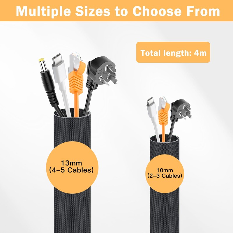 10 mm - 4 m Self-Closing Cable Tube, Black Flexible