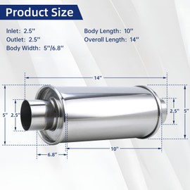 Autarboor 2.5" Inlet Ultra Quiet Resonator, 304 stainless steel vibrant resonator 2.5'', 2.5" Outlet 14" Overall Length Universal Sliver Oval Performance Muffler Resonator