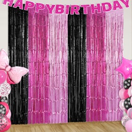 Black Pink Foil Fringe Curtains Party Decorations, 2 Pack 3.2x6.6ft Pink Black Mouse Color Tinsel Backdrop Door Streamers Photo Booth Props Mouse Birthday Party Decorations for Women Girls
