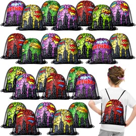 Lothee 30 Pcs Hero Party Favor Bags Hero Birthday Party Decorations Gift Treat Goodie Candy Backpack Drawstring Bag (Heroic Style)