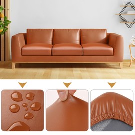 Fuloon Fuax Leather Couch Cushion Slipcover, Waterproof Stretch Covers for Sofa, RV Chair Seat Cover, Individual Loveseat Couch Cushion Replacement, PU Leather Sofa Slipcovers(3 Pack, Orange Brown)