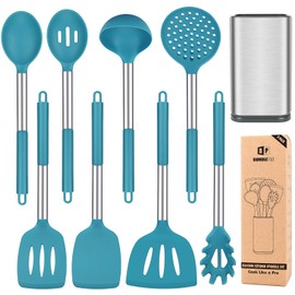 Silicone Cooking Utensil Set, 8Pcs Non-stick Cookware with Stainless Steel Handle, BPA Free Heat Resistant Kitchen Tools with Spatulas, Turners, Spoons, Skimmer and Pasta Fork