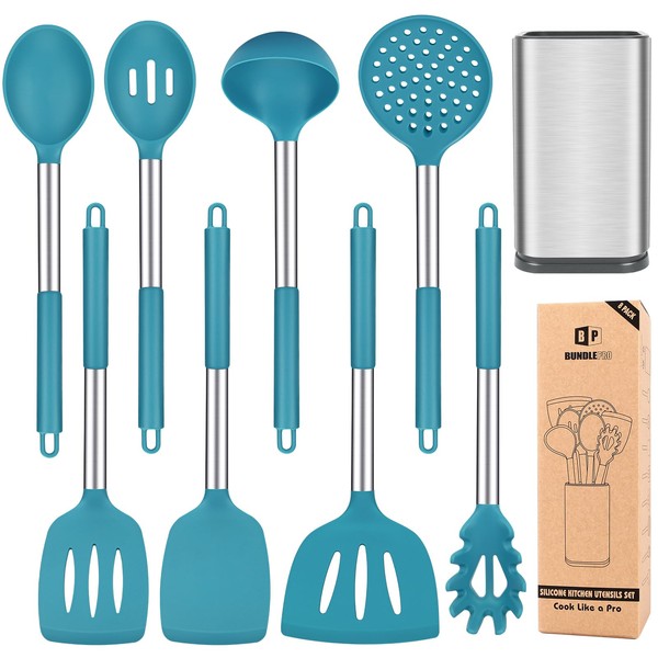 Silicone Cooking Utensil Set, 8Pcs Non-stick Cookware with Stainless Steel