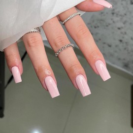 Xcreando Baby Pink Press On Nails Medium Long Square Coffin, Acrylic Glue On Nails, Solid Color Fake Nails for Women, Natural Thick Artificial Stick On