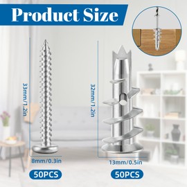 Tapvai Pack of 50 Plasterboard Dowels, Cavity Dowels Metal with Screws, Rigypsum Dowels, Drywall Dowels for Mounting in Concrete, Bricks, Stone, Plasterboard Panels Uvm