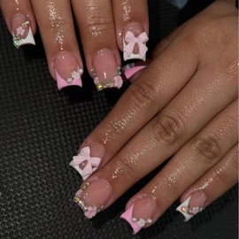 French Tip Press on Nails Short Square Fake Nails Nude Glossy False Nails with Pink Bow Flower Design Pearl Rhinestone Glue on Nails Acrylic Full Cover Stick on Nails for Women'