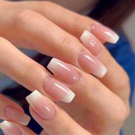 Gradient French Press on Nails Medium Ballet Fake Nails White French Tips False Nails Full Cover Nude Gradient Glossy Reusable Acrylic Nails for Women Girls Party DIY Manicure Decoration 24Pcs