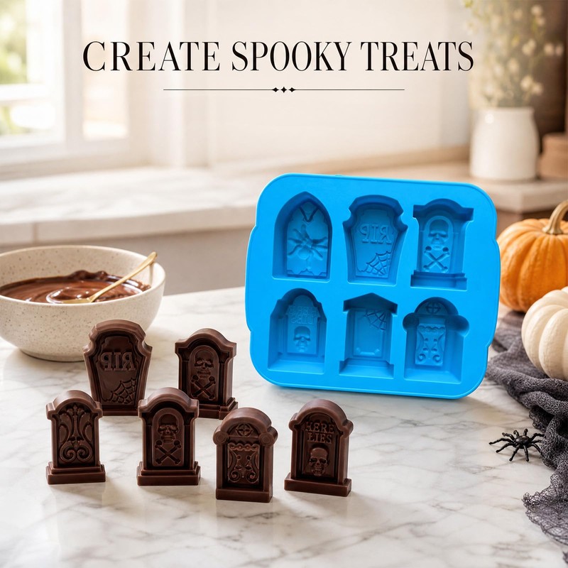 2PCS 3D Halloween Tombstone Coffin with Skulls Spider RIP Silicone