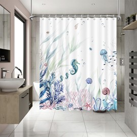 APROPHIC Shower Curtain Blue Ocean Shower Curtain Summer Nautical Algae Jellyfish Seahorse Shell Fish Bath Curtain Marine Nature Animals Bathroom Decoration 180 x 180 cm with 12 Hooks
