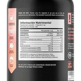 Omega 3 Aceite Puro de Salmón 1000 mg de 180 Cápsulas. Ingredientes Naturales. Omega 3 Salmon Oil B Life.
