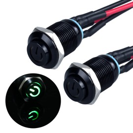 JIQI 2 x 12 mm Momentary Waterproof Pressure Switch 12 V to 24 V 2 A IP66 Button with LED Lighting Black Metal Housing Momentary Push Button with Connecting Wires for Car (High Head, Green)