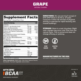 MTN OPS MTN OPS BCAA 2:1:1 Amino Acids Supplement Powder for Rapid Muscle Recovery & Repair with Zero Sugar & Gluten Free, 30 Servings (Grape)