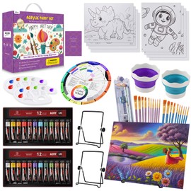PUOPOSTY Acrylic Paint Set for Kids – 2-Person Complete Painting Supplies with 2 Easels, 24 Paints, 4 Canvases, 20 Brushes & More – Premium Painting Kit & Gift for Beginner