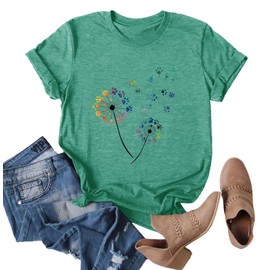 Anbech Womens Dandelion Graphic Tshirts Cute Paw Print Short Sleeve Summer Trendy Tops (Cyan,XL)