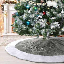 Alynsehom Gray Christmas Tree Skirts Luxury Faux Fur Plush Wonderful Time Embroidery Large Size Xmas Tree Skirts Holiday Tree Ornaments Home Party Christmas Decorations (Dia.48/122cm)