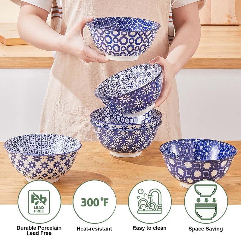 AntoKueh 6 inches Blue and White Ceramic Bowls, 25Oz Deep