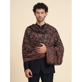 Zamour Large Kani Weave Indian Traditional Kashmiri Prayer Shawl Wrap for Men Floral Jaal Patterns 40x80 inches (Black)