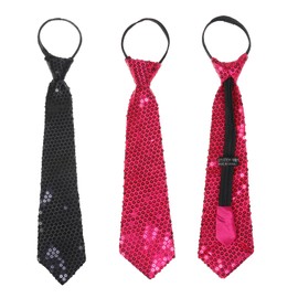 NiceYnn 2pcs Sequined Zipper Ties for Men, Glitter Sparkly Paillette Adjustable Pre-Tied Zip Necktie, Shinning Sequins Dance Party Magic Show Stage Performance Costume Tie Black + Rose Red