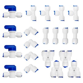 PAROAD 20 Pieces Water Filter Fitting, Water Inlet Pipe Universal Connection Set, (T + I + L + Y Shape) Hose Connections, Valves Taps, for Fridge Hose, Water Hose (3/8 Inch (9.53 mm)