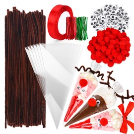 JarThenaAMCS 500Pcs Christmas Cone Cellophane Bags Santa Claus Deer Clear Treat Triangle Bags with Red Ribbon Xmas DIY Art Crafts Kit for Goodie Popcorn Cotton Candy Party Favor Supplies