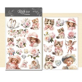CATaireen Rub On Transfers Stickers 2 Sheets for Crafts Cloth Glass Acrylic Wood Furniture Small Vintage Junk Journal Supplies Scrapbooking Items Christmas Thanksgiving (Pink Girl and Cat)