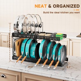 RoleDes Expandable Pots and Pans Organizer Under Cabinet, Adjustable Divider Pot Lid Holder for Kitchen Organization and Storage, Pan Lid Rack Organizer Inside Cabinet for Cookware, Bakeware