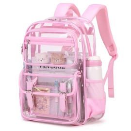 ASKSKY Large Clear Backpack Transparent Heavy Duty School PVC Bookbag See Through Bag Boys and Girls for College Work Travel Security, Pink