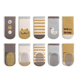 5 Pairs, BlissToneha Non Slip Grip Toddler Baby Floor Socks Soft Cotton Crew Socks for 0-5 Year Girl Boy (AU, Age, 0 Months, 1 Year, Tiger)