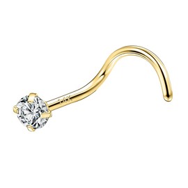 SYLWIA 14K Solid Gold Nose Studs Rings 18g, Moissanite Corkscrew L Shaped Nose Rings, Hypoallergenic 18 Gauge Nose Ring Piercing for Women Wen Gifts - 2mm 2.5mm 3mm Moissanite